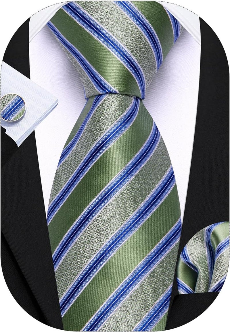 Barry.Wang Store Tie Sets for Men Silk Stripe Necktie Woven Checkered Handkerchief Cufflinks Formal Business Wedding - Image 1